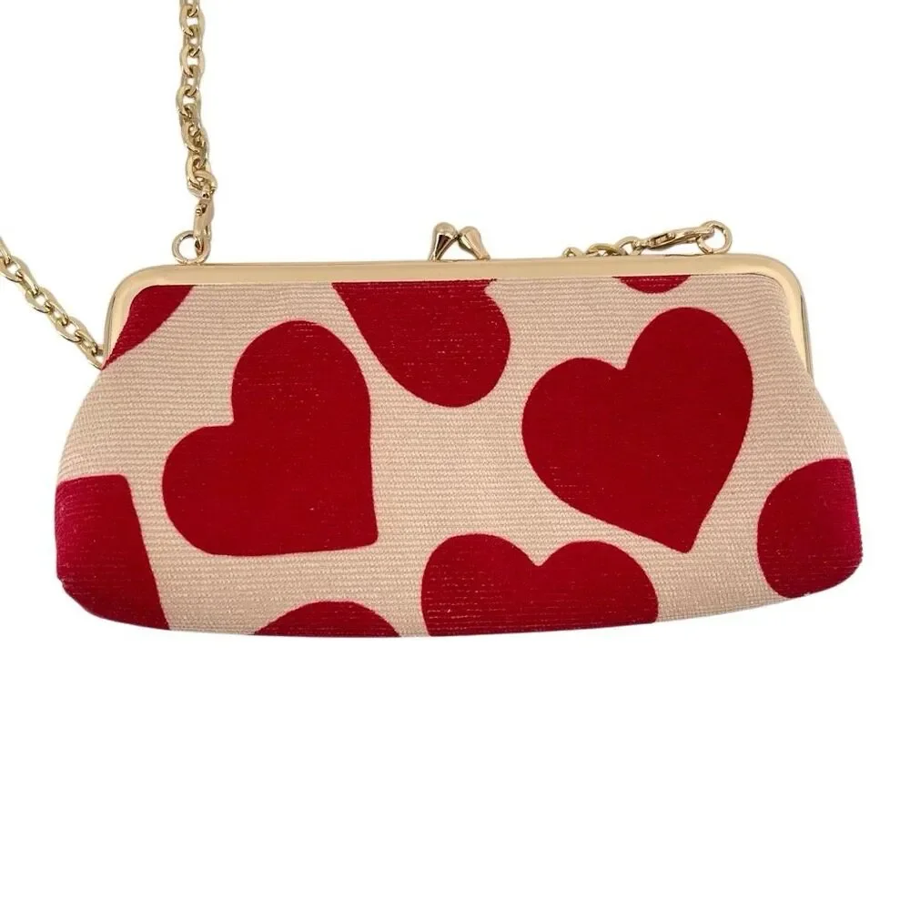 Heart Print Kiss Lock Clutch Crossbody Bag Red Cream Gold Chain Canvas Romantic
